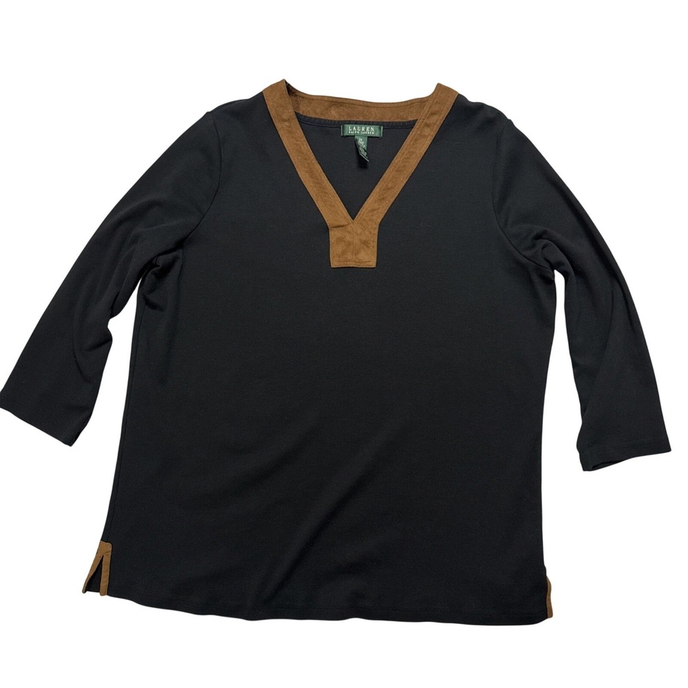 Lauren Ralph Lauren Women's Black 3/4 Sleeve V Neck Top With Brown Trim Size 2X